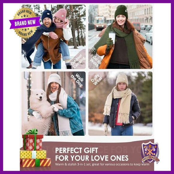 Satin Lined Beanie Scarf Gloves Set Winter Accessories Touchscreen